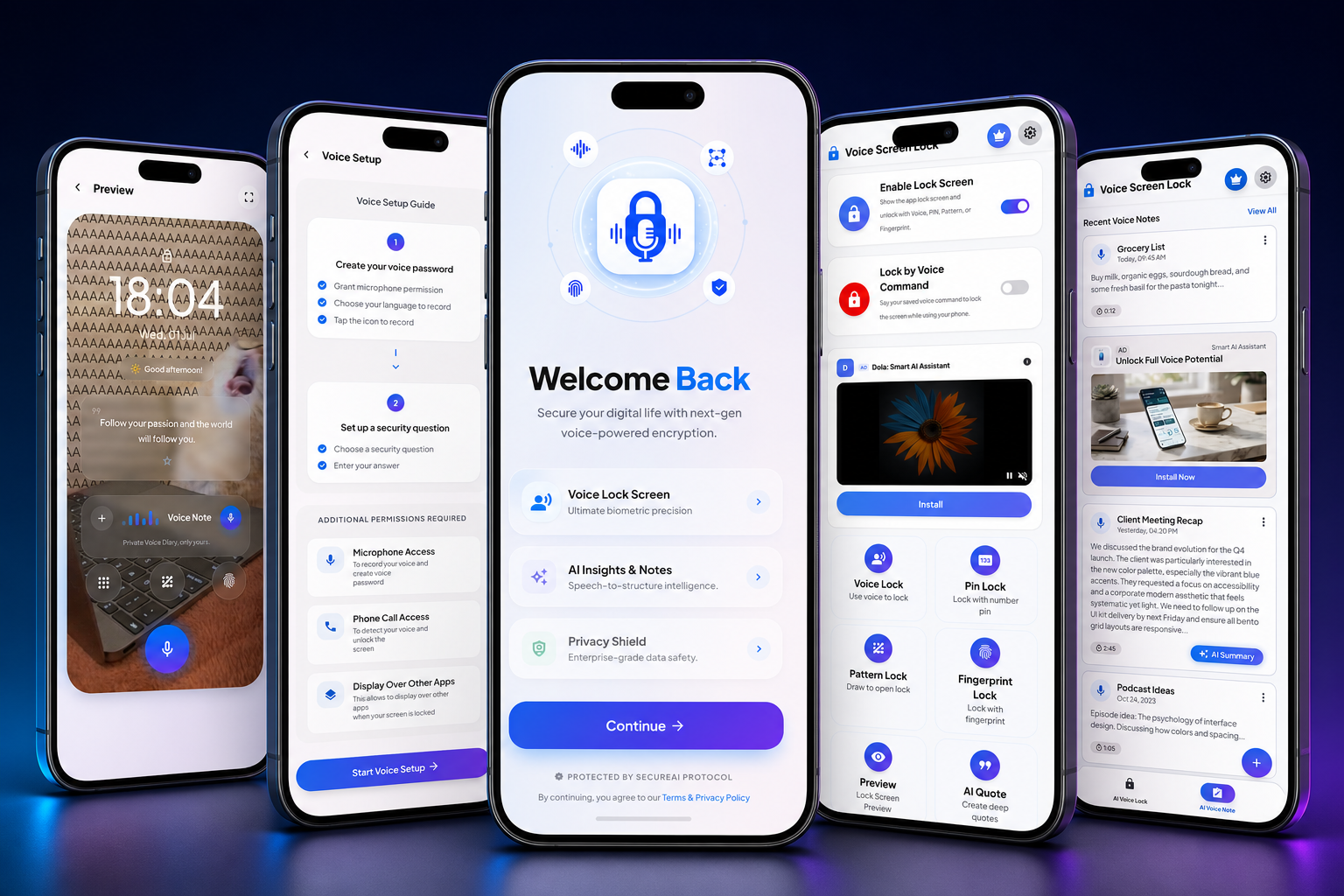AI Voice Lock Smart Note mockup mobile app