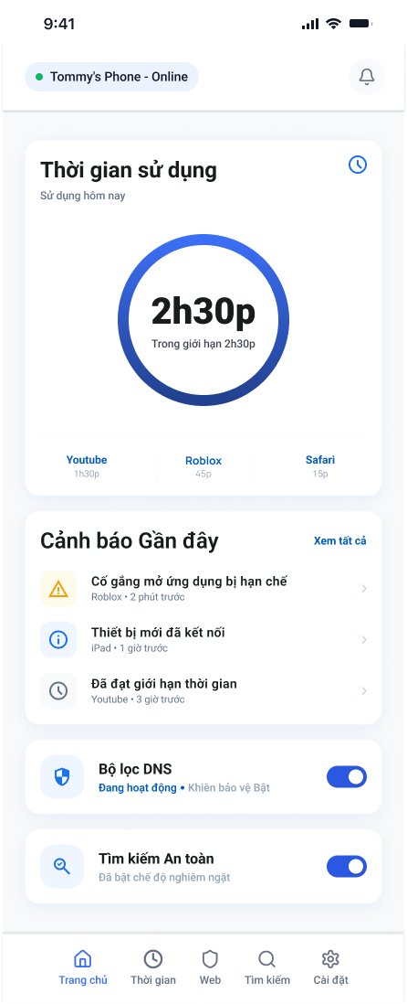 KidGuard parent dashboard screen