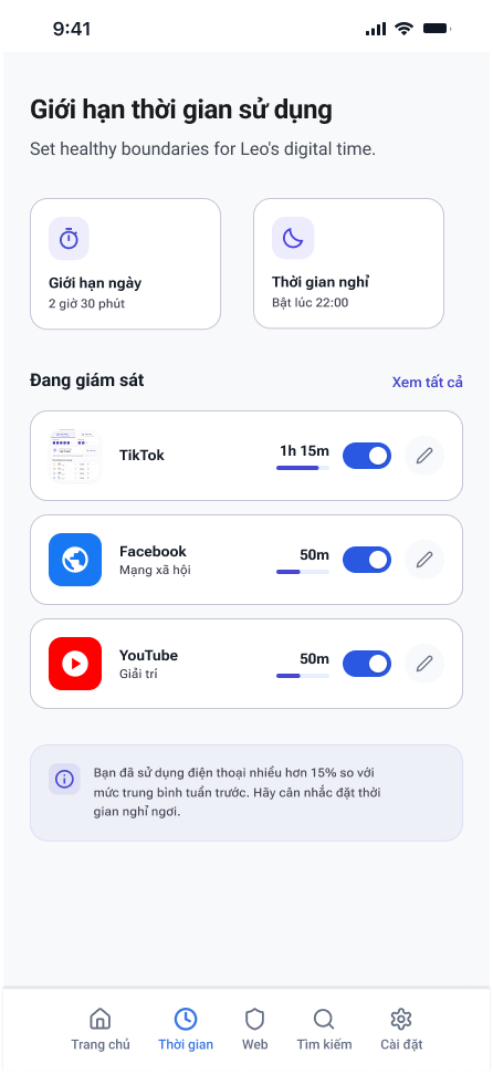 KidGuard time overview screen