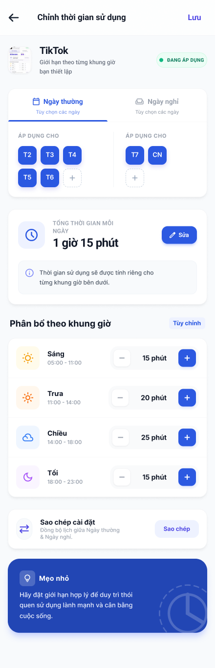 KidGuard time setting screen