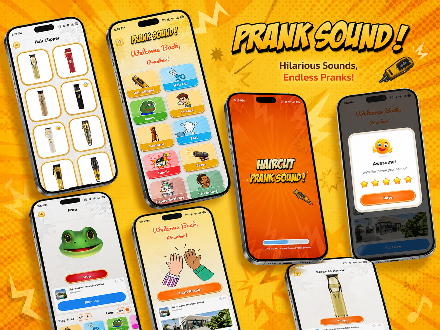 Prank Sound mobile entertainment app UI design