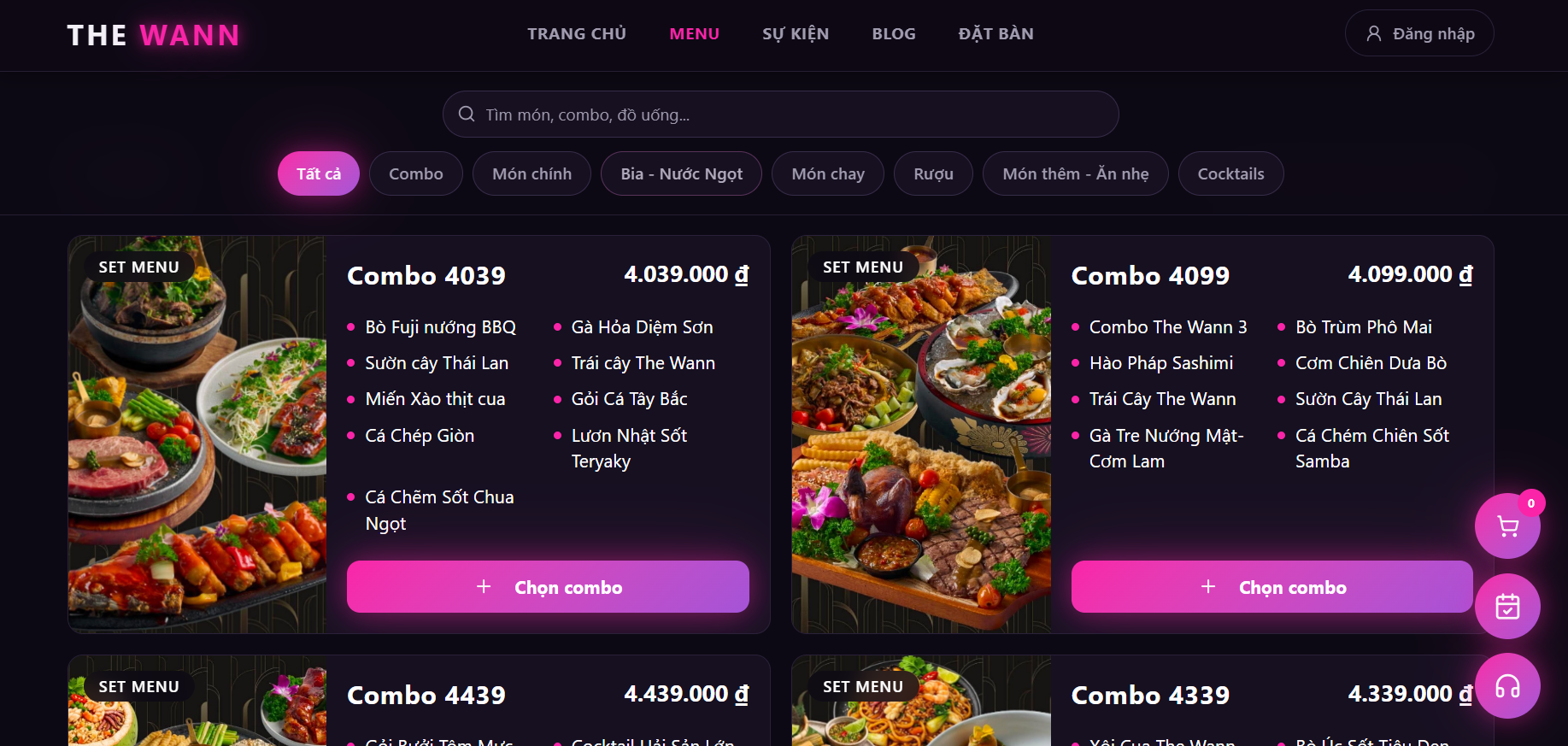 Ảnh chụp trang menu website The Wann